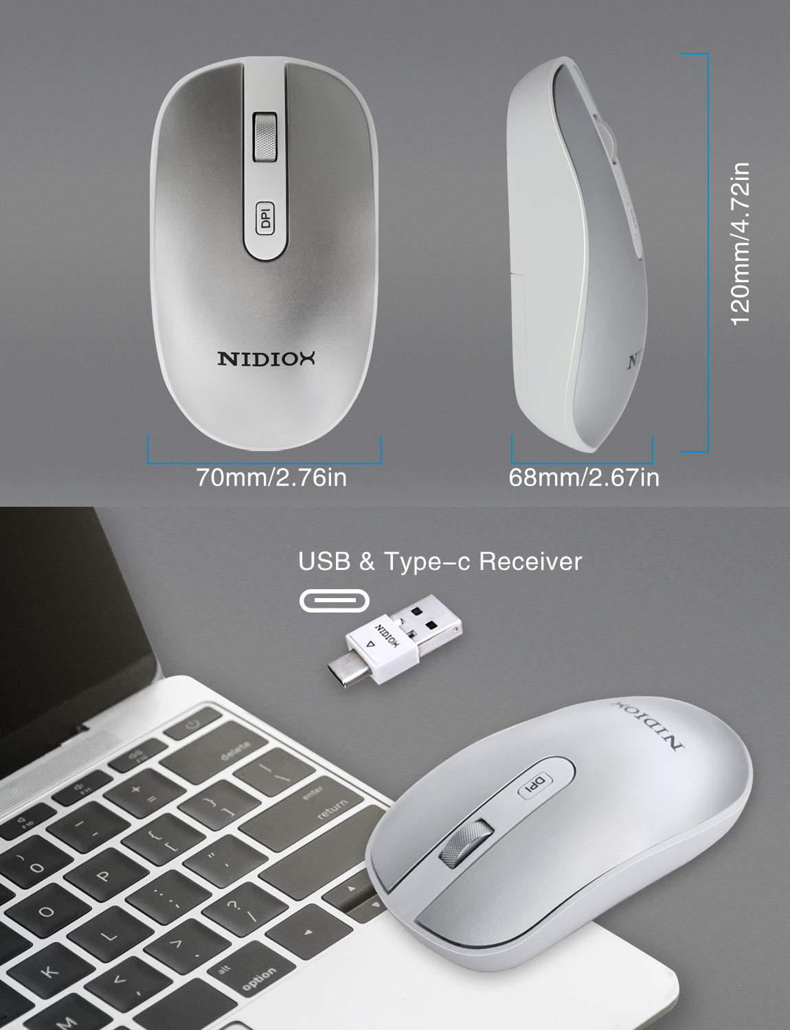 Nidiox Wireless Mouse, Bluetooth Mouse 2.4G Portable Mobile Computer Mouse with USB Nano Receiver for Notebook, PC, Laptop, Computer, MacBook and iPad, Responds up to 10m (33 ft)