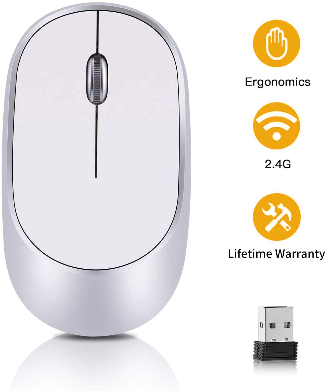 Nidiox Wireless Mouse with Adjustable DPI 800/1200/1600 Comfortable 2.4G Optical Ergo Mouse for Laptop, Computer, Desktop, Windows, Mac OS, Silver